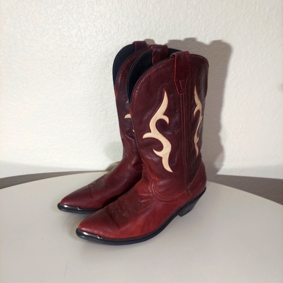 Shoes - Burgundy & Light Beige Leather Heeled Cowgirl Boots